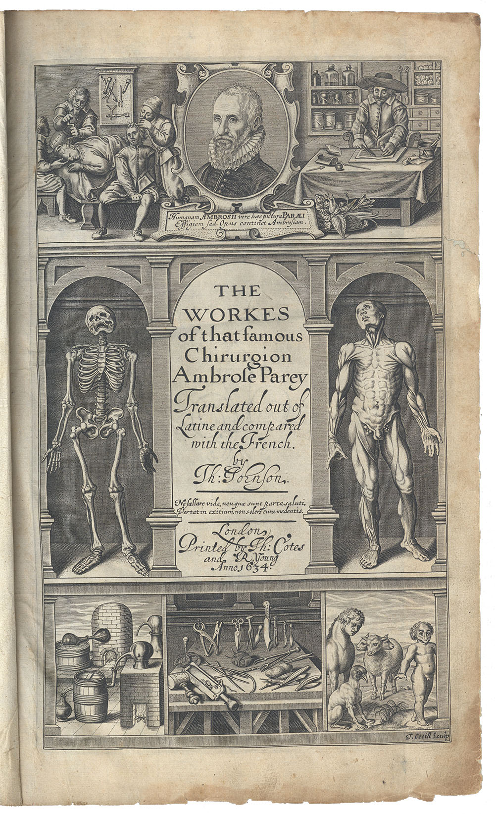 <p>Frontispiece of The Works of that famous Surgeon Ambrose Pare.</p>
