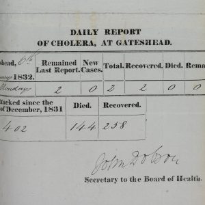 Report of the numbers of people who died from cholera in Gateshead on a particular day